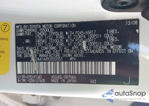 2009 Toyota Highlander z USA, uszkodzony, nr VIN JTEDA41A492002053